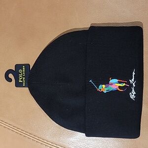 NWOT Polo Ralph Lauren Big Pony Colorblock Logo Cotton Black Beanie Hat